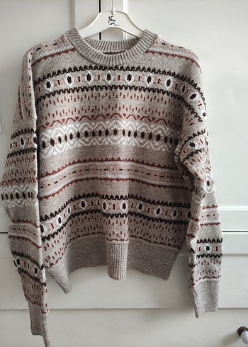 Bej Bohem Desenli Örgü Kadın Kazak - Görsel 2