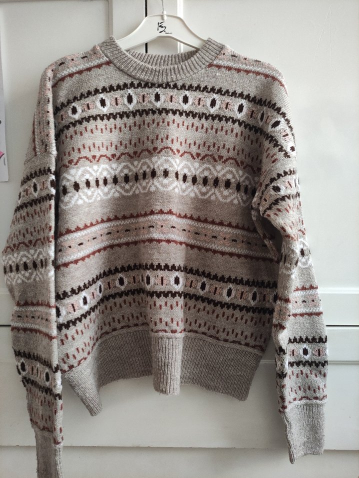 Bej Bohem Desenli Örgü Kadın Kazak - Görsel 4