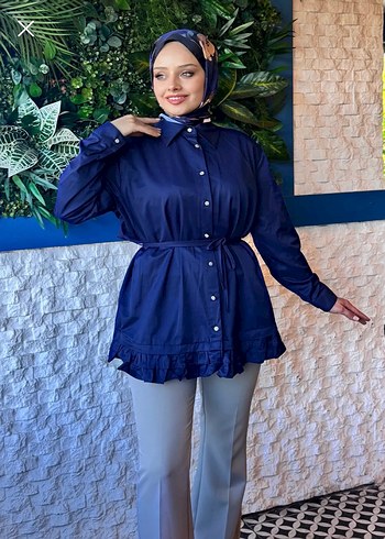 Öz sarıcam Lacivert Düğmeli Uzun Kollu Denim Tunik