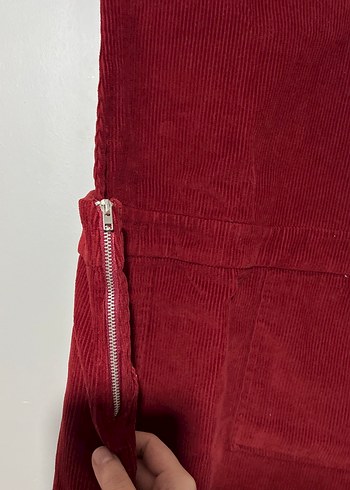 Kırmızı kadife Askılı Mini Salopet - Görsel 5