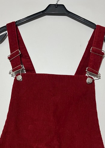 Kırmızı kadife Askılı Mini Salopet - Görsel 3