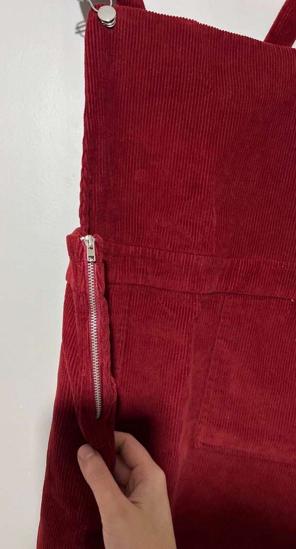 Kırmızı kadife Askılı Mini Salopet - Görsel 5