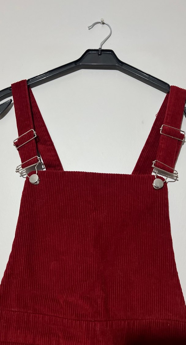 Kırmızı kadife Askılı Mini Salopet - Görsel 3