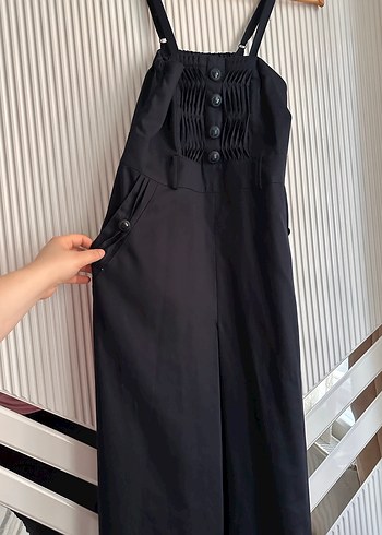 Kadın Siyah Keten Uzun Tulum - Görsel 4