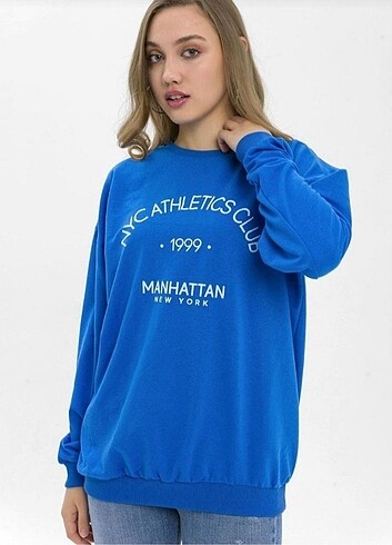 m Beden mavi Renk Manhattan Baskılı Şardonsuz Oversize Kaliteli Sweatshirt 