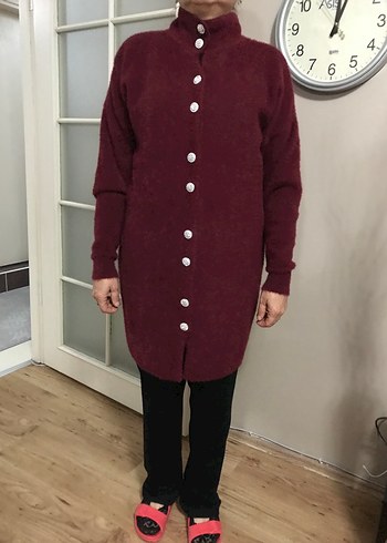 universal Beden Bordo Düğmeli Midi Hırka