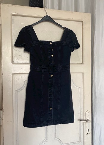 Düğmeli Siyah Kadın Denim Midi Elbise