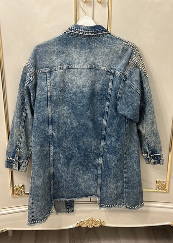 Ghisa Taşlı Mavi Uzun Kot Ceket - Görsel 3