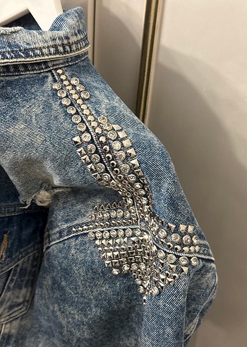 Ghisa Taşlı Mavi Uzun Kot Ceket - Görsel 2