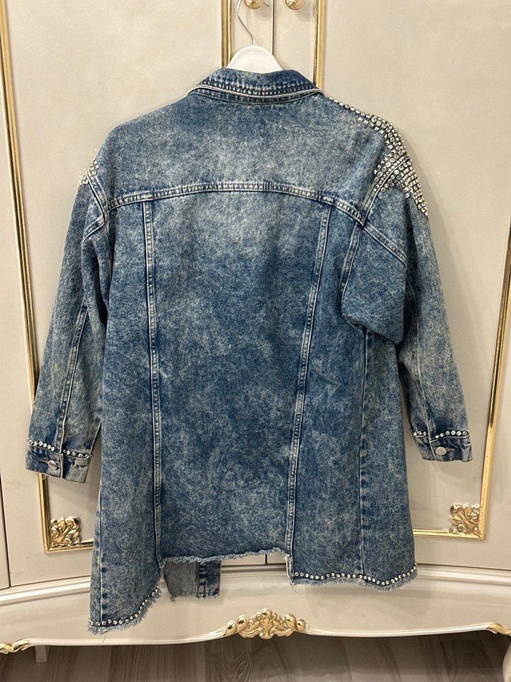 Ghisa Taşlı Mavi Uzun Kot Ceket - Görsel 3