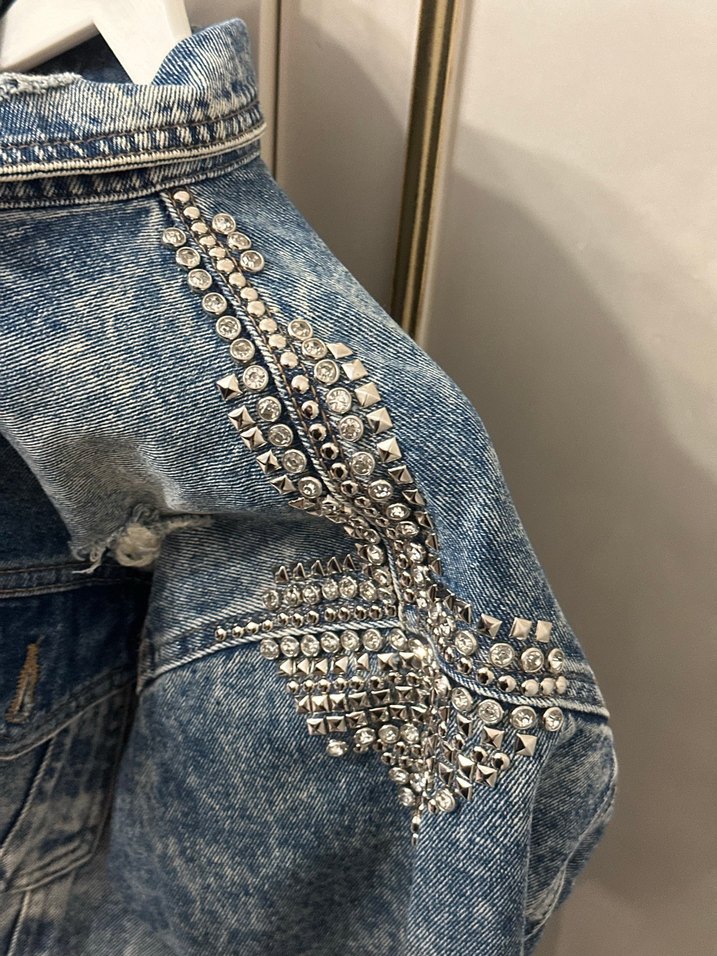 Ghisa Taşlı Mavi Uzun Kot Ceket - Görsel 2