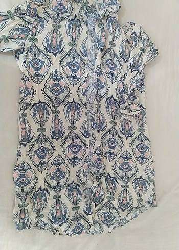 Bohem V Yaka Düğmeli Kısa Kollu Kadın Gömlek