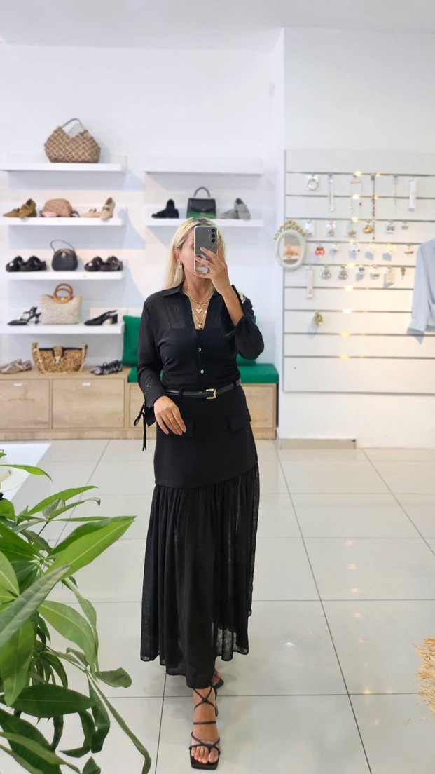 Uzun Kollu Siyah İnce Gömlek - Görsel 2