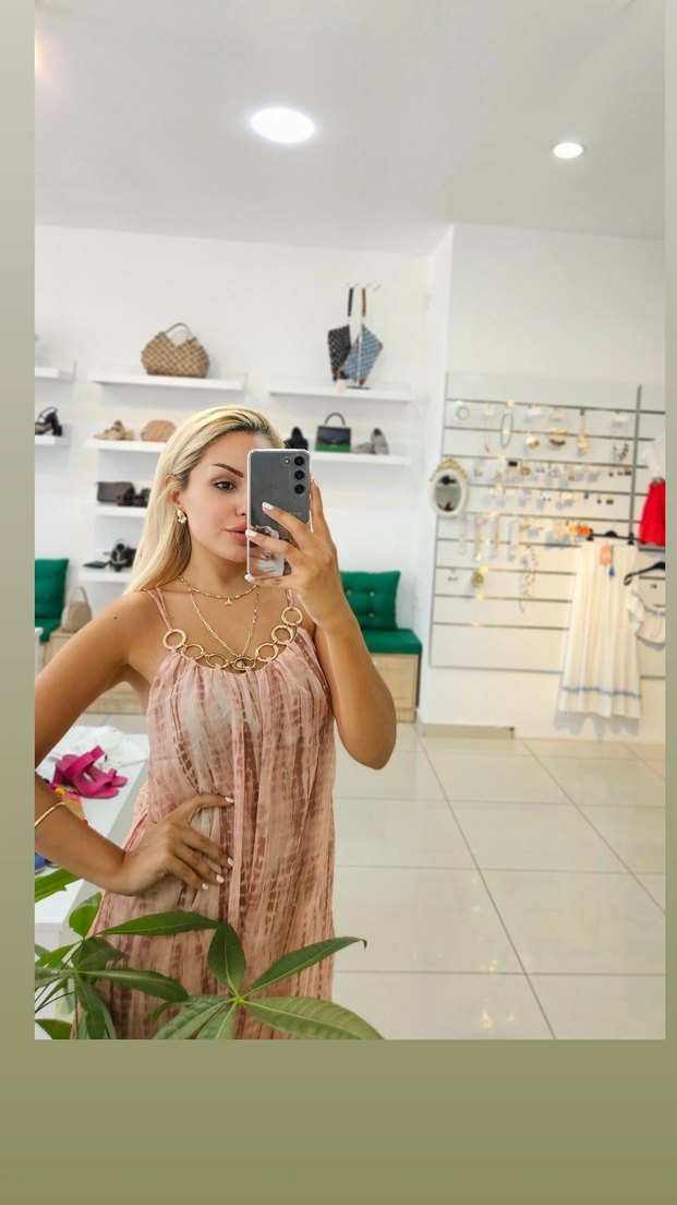 Bej Zincir Detaylı Uzun Askılı Bohem Elbise - Görsel 2