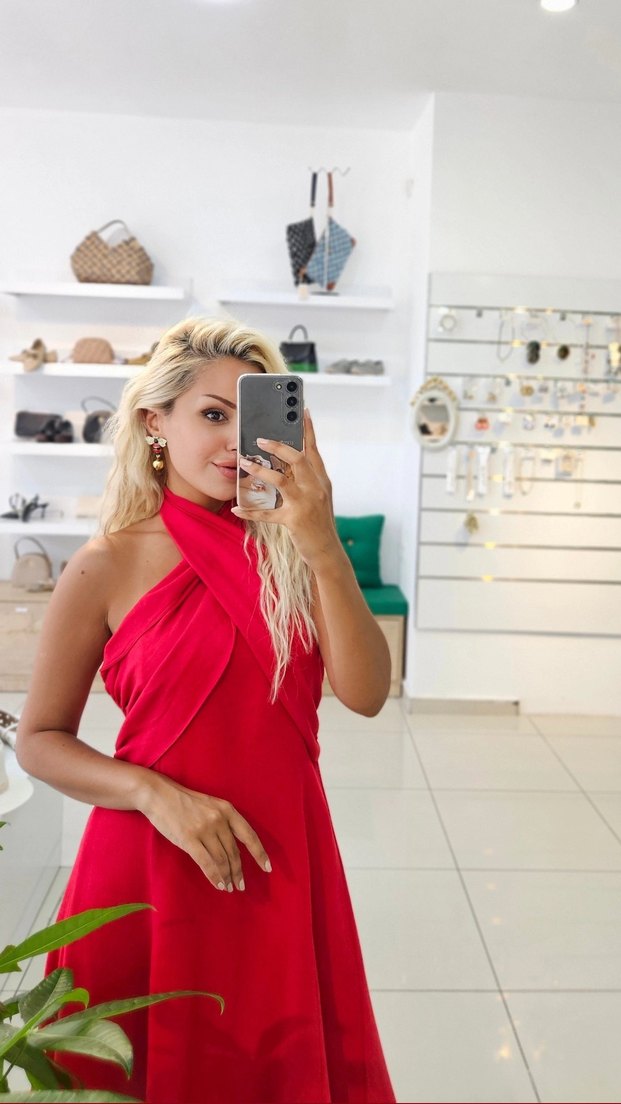 Uzun Kırmızı Drapeli Straplez Elbise - Görsel 2