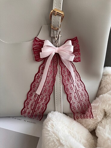 Coquette Pinterest bordo 3 fiyonk çanta charm anahtarlık