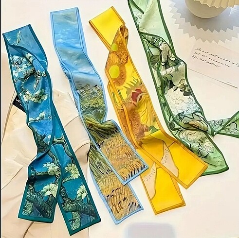 4?lü set | Van Gogh vintage fular bandana çanta süsü seti