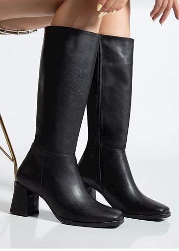 Siyah Deri Kadın Dizüstü Topuklu Çizme - Görsel 2