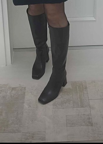 Siyah Deri Kadın Dizüstü Topuklu Çizme - Görsel 5