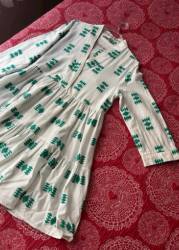 Yeşil Desenli Uzun Kollu Pileli Elbise - Görsel 3