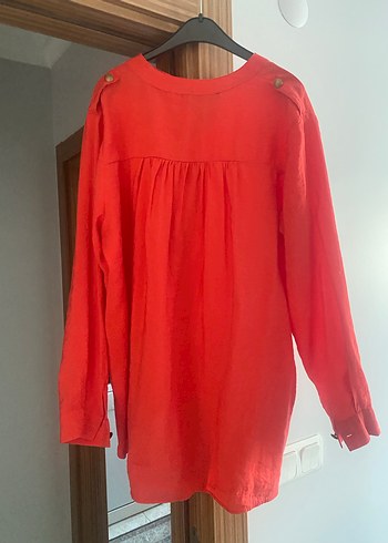 Kırmızı V Yaka Düğmeli Keten Gömlek - Görsel 5