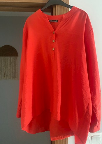 Kırmızı V Yaka Düğmeli Keten Gömlek - Görsel 6