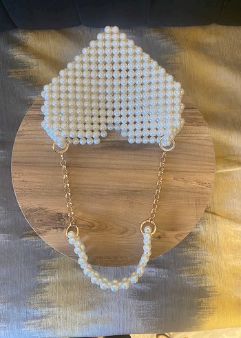 İnci Boncuklu Krem renk Örgü Kadın Çanta - Görsel 5