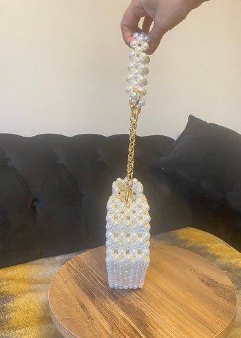 İnci Boncuklu Krem renk Örgü Kadın Çanta - Görsel 2