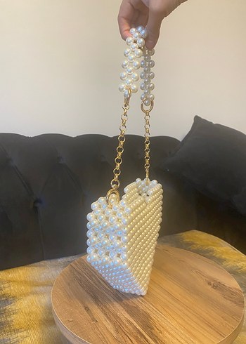 İnci Boncuklu Krem renk Örgü Kadın Çanta - Görsel 3