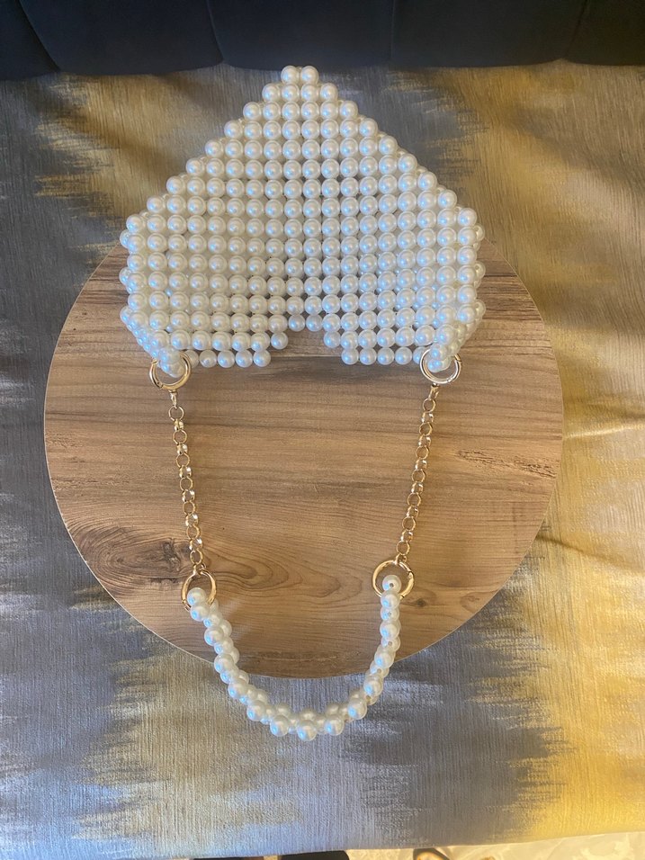 İnci Boncuklu Krem renk Örgü Kadın Çanta - Görsel 5