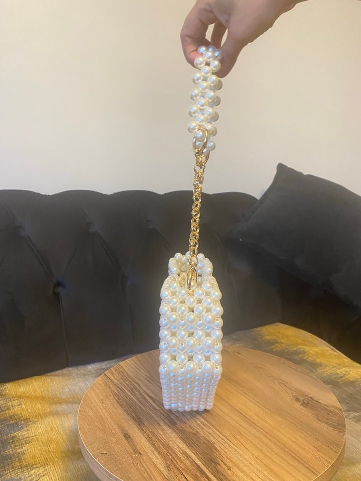 İnci Boncuklu Krem renk Örgü Kadın Çanta - Görsel 2