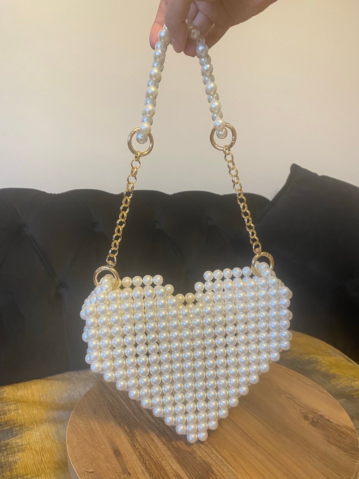 İnci Boncuklu Krem renk Örgü Kadın Çanta - Görsel 4