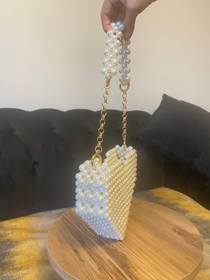 İnci Boncuklu Krem renk Örgü Kadın Çanta - Görsel 3