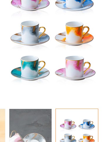 Pastel Renkli Altın Kulplu Kahve Fincan Seti - Görsel 2