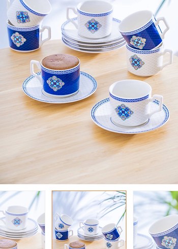 Koyu Mavi Desenli Kahve Fincanı ve Tabağı - Görsel 2