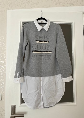 Gri Uzun Kollu Triko Sweatshirt Elbise