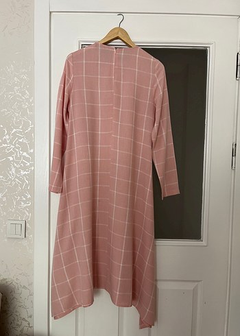 40 Beden pembe Renk Pembe Kareli Uzun Keten Tunik