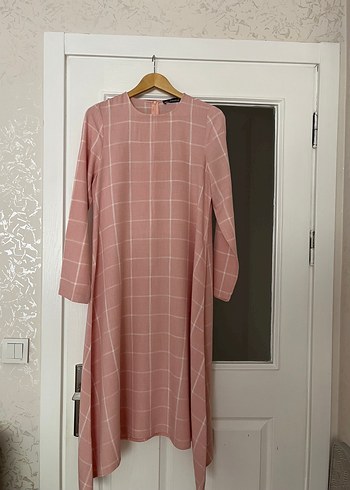 Pembe Kareli Uzun Keten Tunik