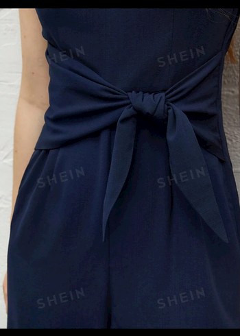 Lacivert Kemerli V Yaka keten Kadın Tulum - Görsel 4