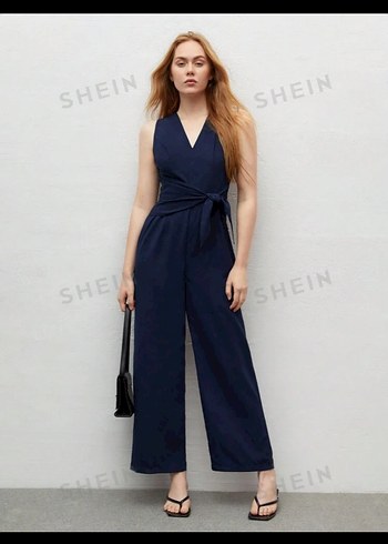 Lacivert Kemerli V Yaka keten Kadın Tulum - Görsel 2