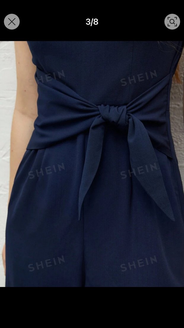 Lacivert Kemerli V Yaka keten Kadın Tulum - Görsel 4