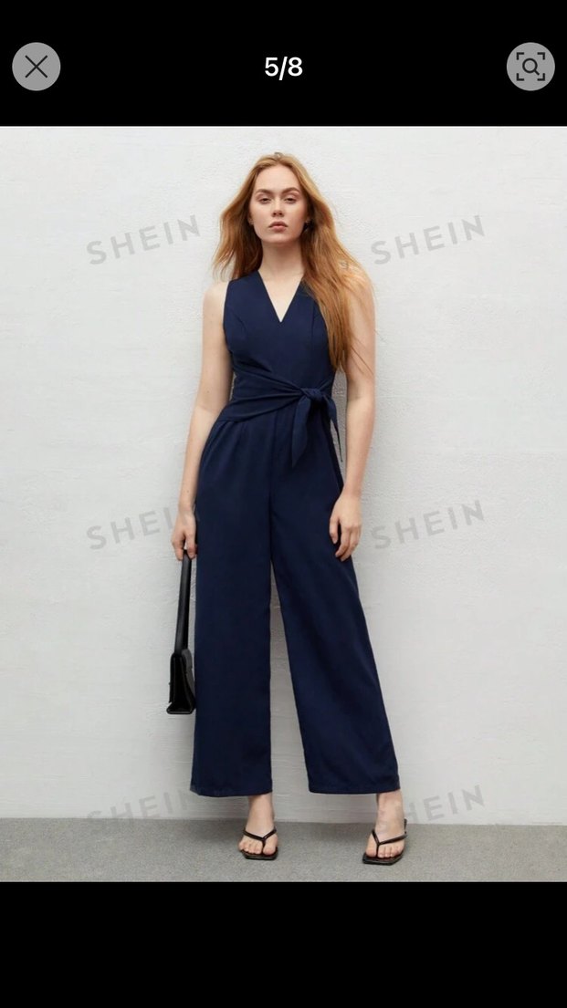 Lacivert Kemerli V Yaka keten Kadın Tulum - Görsel 2