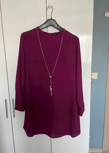 Zincir kolye Detaylı Uzun Mürdüm Kadın Tunik - Görsel 2