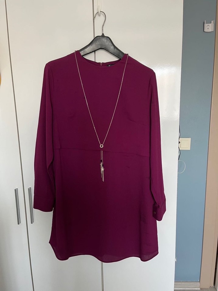 Zincir kolye Detaylı Uzun Mürdüm Kadın Tunik - Görsel 2