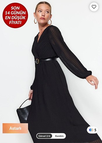 Siyah Piliseli Uzun V Yaka Elbise - Görsel 3