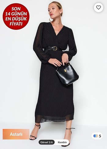 Siyah Piliseli Uzun V Yaka Elbise - Görsel 2