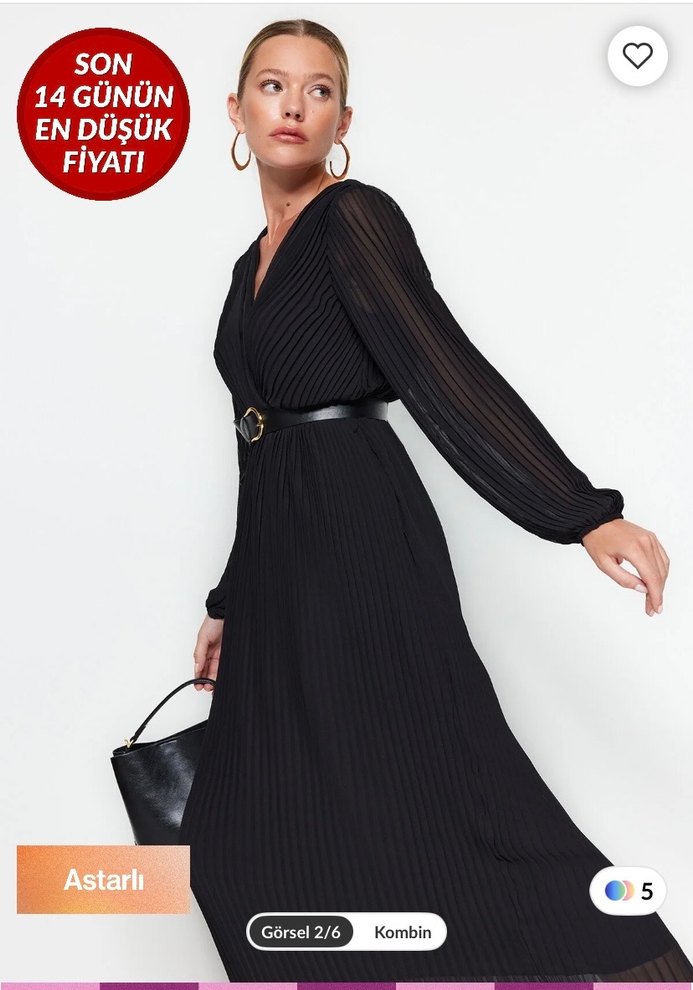 Siyah Piliseli Uzun V Yaka Elbise - Görsel 3