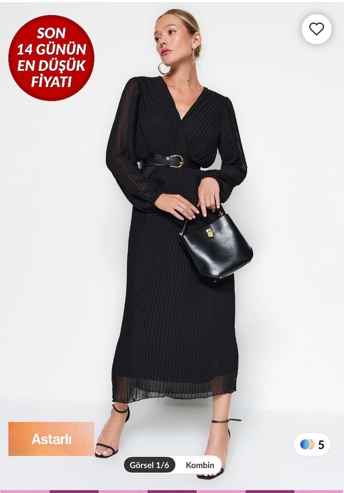 Siyah Piliseli Uzun V Yaka Elbise - Görsel 2