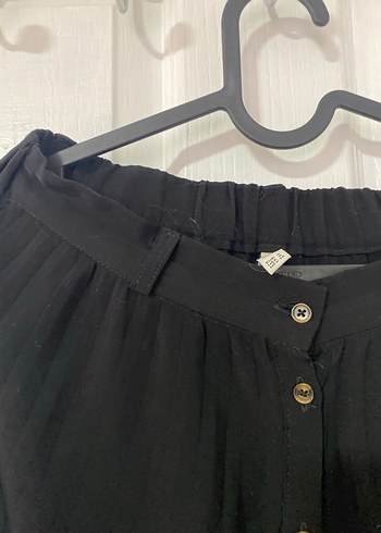 Düğmeli Siyah Uzun Keten Etek - Görsel 3