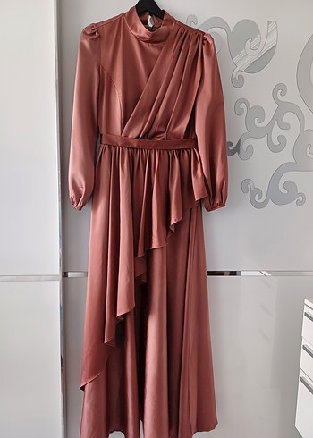 Kahverengi Drapeli Uzun Abiye Elbise - Görsel 6